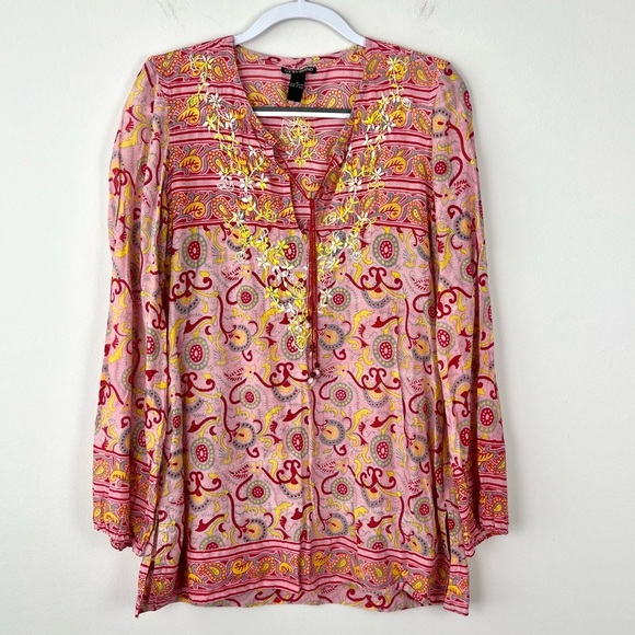 Vintage Y2k Lucky Brand Embroidered Boho Paisley Cotton Top - Picture 1 of 8
